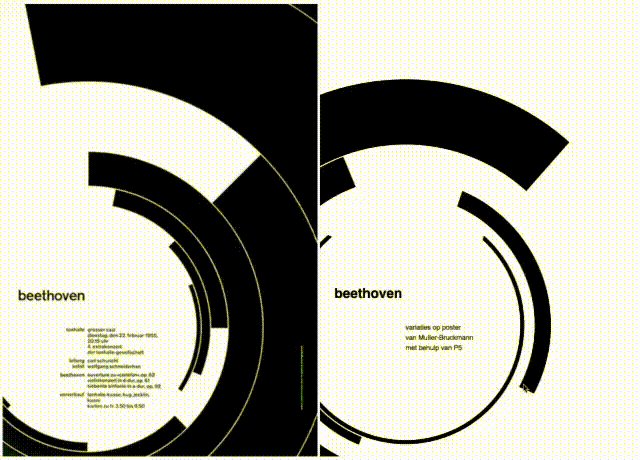 de Beethovenposter links, van Muller-Bruckman met variaties nagermaakt in P5 rechts