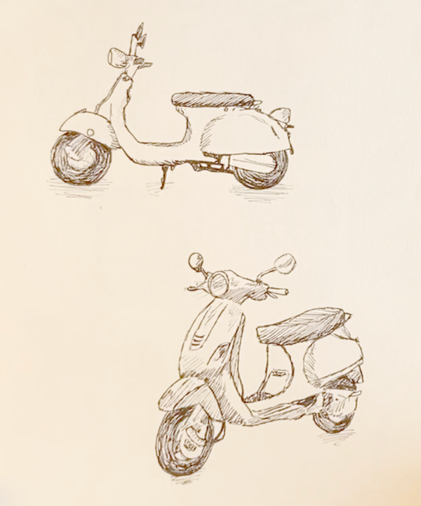 twee schetsen van een scooter (op basis van een foto)